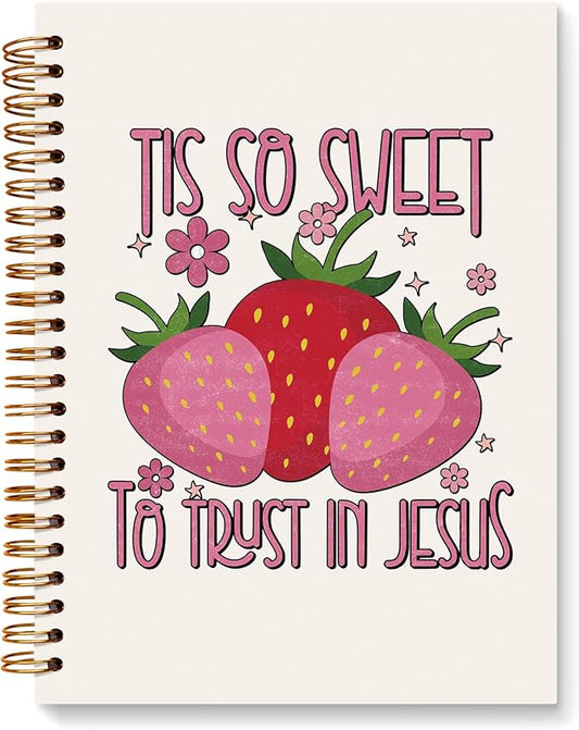 JXREQ Pink Strawberry Christian Bible Journal Notebook, Prayer Journal for Women, Scripture Journal, Church Notes Notebooks, Tis So Sweet to Trust Jesus 5.5x8.3