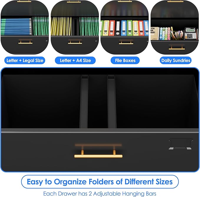 3 Drawer Lateral File Cabinet with Lock, Metal Filing Storage Cabinet with Locking Doors and Adjustable Shelf for Home, Office, School, Fits A4/Letter/Legal Size Folders, Assembly Required