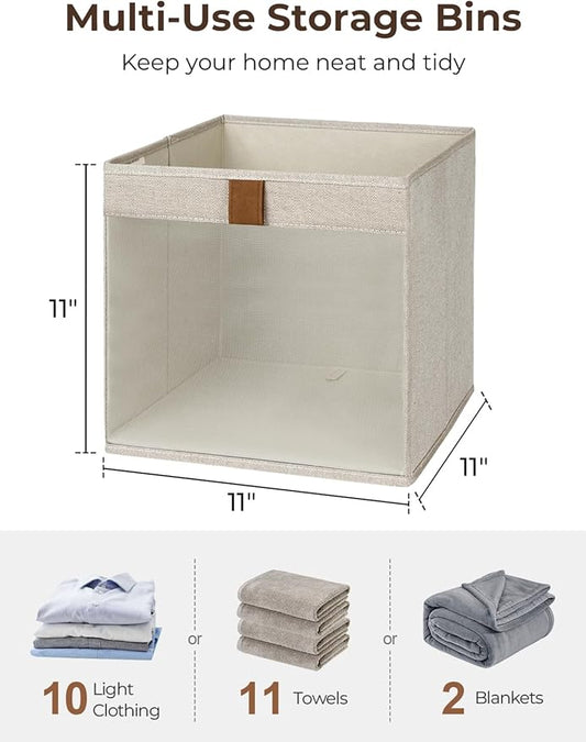 StorageWorks 11x11 Storage Cubes, Closet Storage Bins with Clear Window, Fabric Organizer for Clothes, Collapsible Storage Baskets with PU Handles, Brown and Beige, 3-Pack