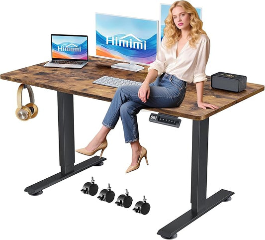 Himimi Electric Standing Desk 55 x 24 inch for Home Office,Sit-Stand Adjustable Desk with Memory Presets,Height Adjustable Desk for Gaming/Working,Free Hook, Lockable Wheels,Mouse Pad,Brown