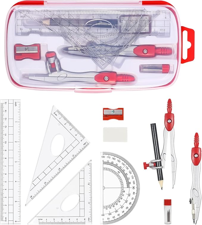 Math Geometry Kit Sets 10 Piece Student Supplies with Shatterproof Storage Box,Includes Rulers,Protractor,Compass,Eraser,Pencil Sharpener,Lead Refills,Pencil,for Drafting and Drawings(Red)