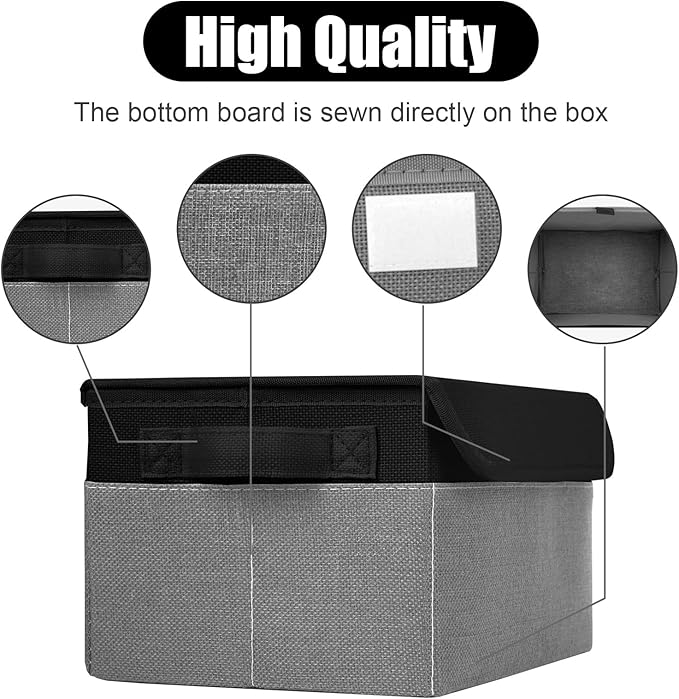 Small 8 Quart Linen Fabric Foldable Storage Bin Cube Organizer Basket with Lid & Handles, Collapsible Decorative Box Container for Home, Dorm, Closet, Black & Gray, 10"x8"x6", 6-Pack