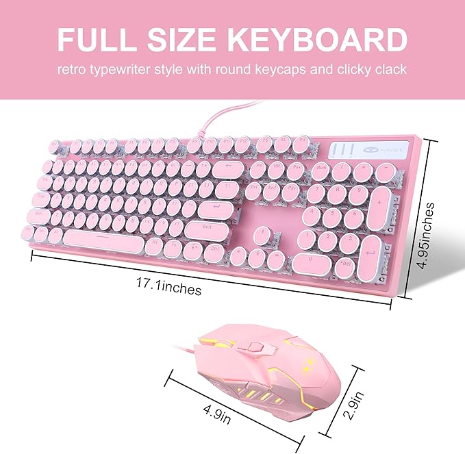 Retro Pink Typewriter-Style Keyboard and Mouse Combo, Cute Light Up Wired Mechanical Keyboard with Linear Red Switches, Full Size for Gaming, Work, Mac, PC, Windows