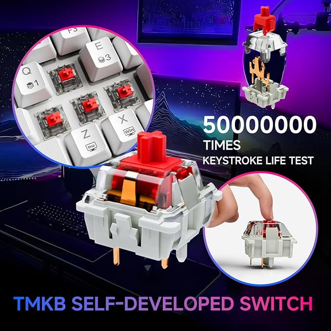 TMKB Wireless Mechanical Gaming Keyboard and Gaming Mouse, M1&T63, 24000DPI, RGB Backlit, 180Hrs Battery, 2.4G/BT5.2/USB-C Wired, Compact 63 Keys Anti-Ghosting-White