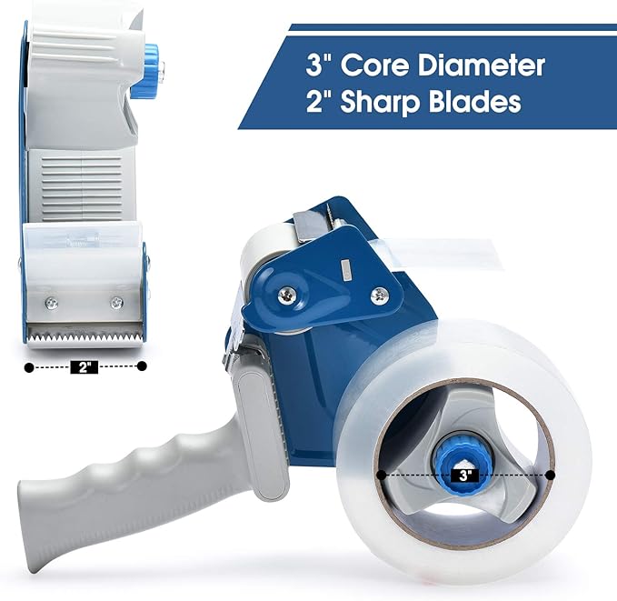 Pacific Mailer 2 Inch Tape Gun Dispenser with 2 Inch Carton Packing Tape, Lightweight Industrial Side Loading Tape Dispenser - Blue