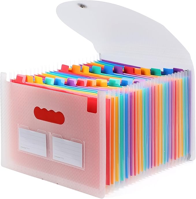 Accordion File Organizer, 24 Pockets Expanding File Folders, Portable Letter A4 Size Filing Box with Colored Labels and Expandable Cover, Monthly Bill Receipt Documents Organizer Pink