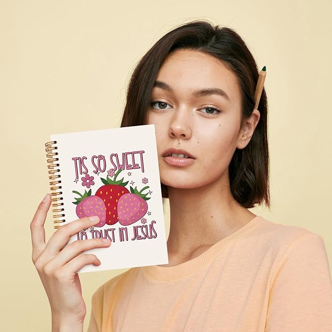 JXREQ Pink Strawberry Christian Bible Journal Notebook, Prayer Journal for Women, Scripture Journal, Church Notes Notebooks, Tis So Sweet to Trust Jesus 5.5x8.3