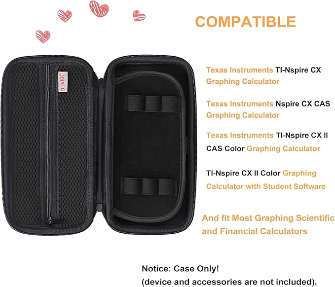 BOVKE Calculator Case for Texas Instruments TI-Nspire CX II CAS/CX II/CX CAS/CX Color Graphing Calculator and More - Extra Mesh Pocket for USB Cables and Other Accessories, Black+Black