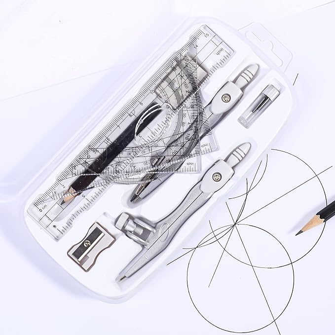 Math Geometry Kit Sets 10 Piece Student Supplies with Shatterproof Storage Box,Includes Rulers,Protractor,Compass,Eraser,Pencil Sharpener,Lead Refills,Pencil,for Drafting(White)