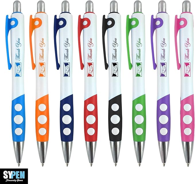 Personalized Ballpoint Pens With Custom Logo/ Text-350 Pack Bulk-for Businesses, Parties, & Events, Custom Printed, White Barrel with Matching Colored Clip and Grip, Click Pens, Black Ink, Light Blue