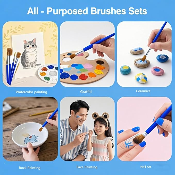 50Pcs Children's Drawing Pen Set, Loose Brush Washable Art Brush, Suitable for Students, classrooms and Handicraft Painting, doodling, Watercolor Painting and face Painting Blue-50pcs(Flat Head)