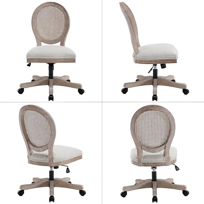 LukeAlon Rattan Back Linen Office Chair, Adjustable Height Swivel Task Chair with Wood Frame Armless Desk Chair with Wheels Upholstered Round Back Vanity Chair for Home Office Study Room, Beige