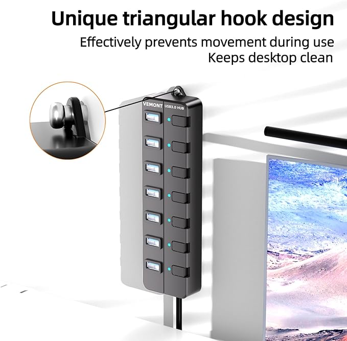 VEMONT 7-Port USB 3.0 Hub (Equipped with a 4-Foot Data Cable, Individual Switch, and Indicator Light, it Supports Data Transfer speeds of up to 5Gbps) Suitable for Desktop Computers and laptops.