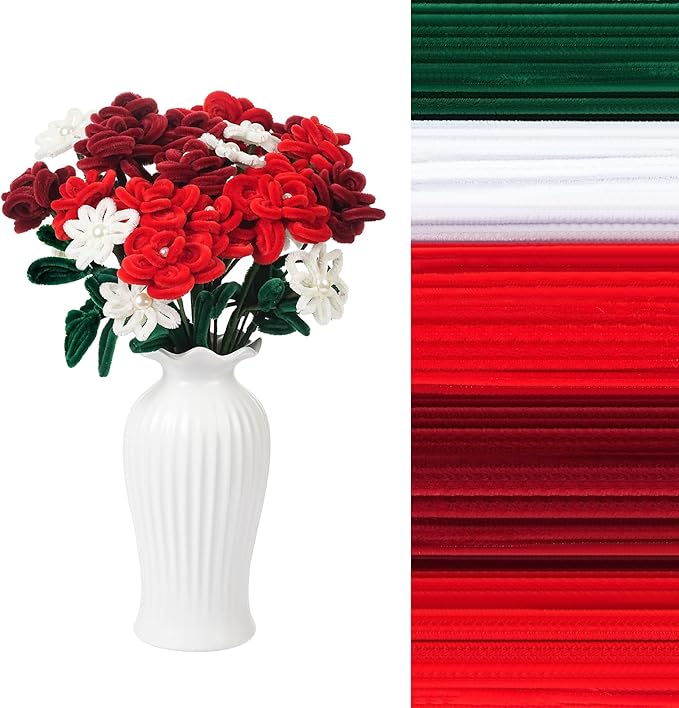 400 Pcs Red Pipe Cleaners for Crafts, 4 Colors Chenille Stems Bulk with Floral Wires, Gardening Tape,Hot Glue Stick,Greeting Card,Bouquet Paper, Pearl & Ribbon, Flowers Craft kit for Christmas