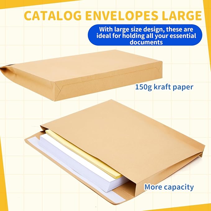 20 Pcs 14 x 18 x 1.6 Inch Large Expandable Catalog Envelopes Manilla Kraft Peel and Seal Envelopes Light Large Mailing for Office Home Documents Magazines Photos Storage Organizing(Brown)