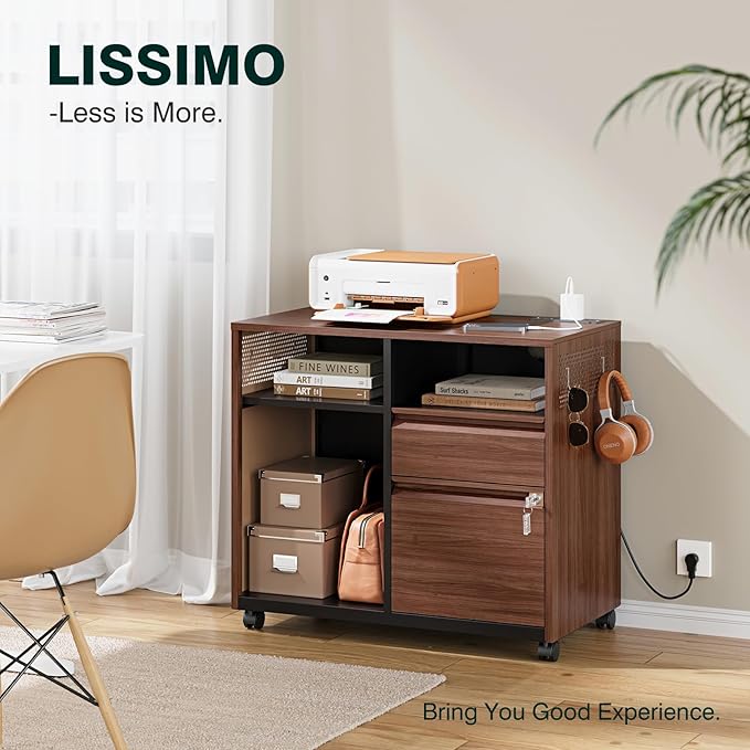 Mobile 2 Drawer File Cabinet,Metal File Cabinet with Lock,Lateral Printer Stand Filling Storage Cabinet for Home Office-A4/F4/Letter(Charging Socket)