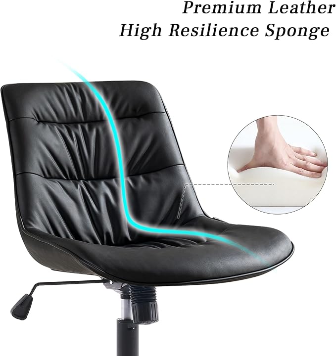 Kidol & Shellder Faux Leather Office Chair, Adjustable Swivel Height Task Chair, Rolling Wheels & Soft Backrest - Armless Ergonomic Desk Chair for Home, Office,Vanity,Gaming(Black)