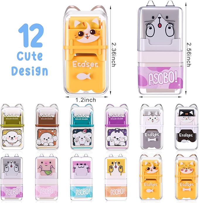Seajan 44 Pcs Erasers for Kids Gift Bulk Cute Animal Themed Pencil Eraser with Clean up Roller for School Party Christmas Favors (Cute)