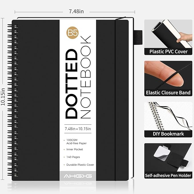 AHGXG Bullet Dotted Journal - Dot Grid Spiral Notebook B5, 140 Pages, 100 GSM Thick Paper, Waterproof Plastic Cover Journals for Bullet Journaling, Sketching, 7.6" x 10", Black