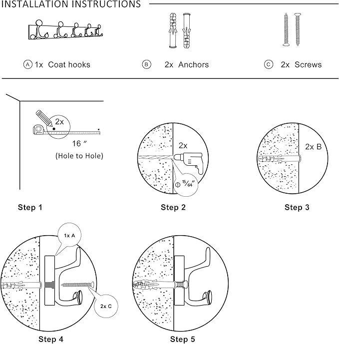 SKOLOO 24-Inch Light Brown Wood Coat Rack Wall Mount with 5 Triple Hooks - Ideal for Family Entrances, Classrooms, and Pet Supplies Storage - Perfect Coat Hooks for Wall