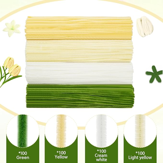 400 Pcs Pipe Cleaners Craft Set,4 Colors Chenille Stems Bulk with Floral Wires, Gardening Tape,Hot Glue Stick,Greeting Card,Bouquet Paper, Stamen & Ribbon, Flowers Craft kit for DIY Handmade Bouquet