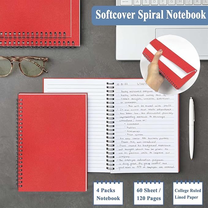 GINMLYDA 4Pack Small Spiral Notebook A5, 8.25x5.5β 120 Lined Pages Wide Ruled Spiral Journal Bulk Blank Kraft Cover Spiral Bound Notebook & Writing Pads for Home Office Meeting Work Note Taking