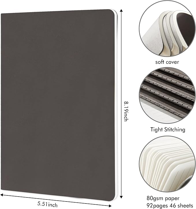 feela 36 Pack Soft Cover Journal Bulk, Lined Blank Travel Journal for Women Men Writing, Notebooks College Ruled for Work, Note Taking Notebook School Business Supplies, 8.2” x 5.5”, A5, Gray