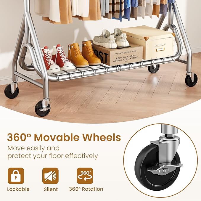 Heavy Duty Clothes Rack for Hanging Clothes, Double Rods Clothing Rack with Lockable Wheels, Rolling Garment Racks with Shelf, Easy to Assemble, Silver