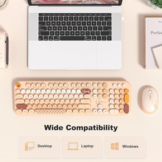 MOFII Wireless Keyboard and Mouse Combo, Cute Full Size Retro Typewriter Keyboard and Wireless Mouse, 2.4GHz Set for PC/Desktop/Laptop/Windows (Yellow Colorful)