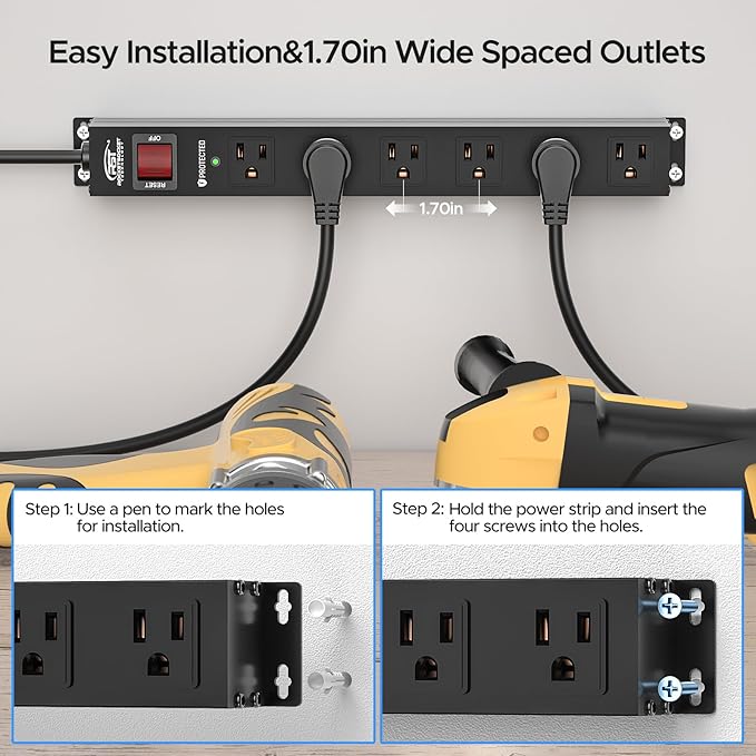 CRST 2Pack 6 Outlet Heavy Duty Power Strip with Switch, 15A/1875W Metal Mountable Power Strip Surge Protector 2100Joules, Wide Spaced Power Bar for Garage Worshop Home School, 6 FT Cord(Black)
