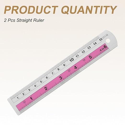 HARFINGTON 2pcs Metal Straight Ruler 15cm Metric SAE Aluminum Alloy Measuring Rulers Scale Tools with Hole for Measure Study Reading Classroom Office, Pink
