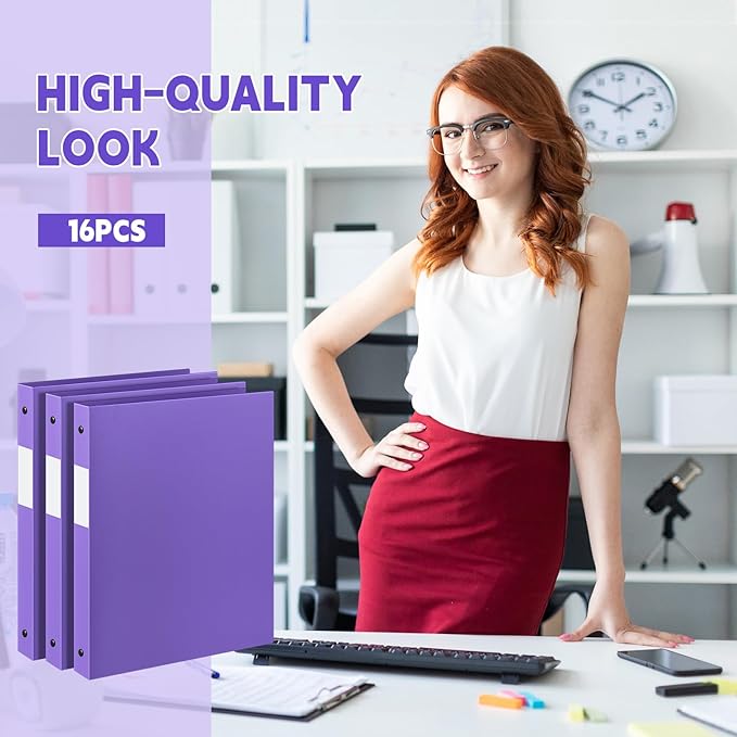 Henoyso 16 Pcs 3 Ring Binder 1/2'' Round Fits Letter Size 8. 5'' x 11'' Paper Plastic Flexible Binder Holds 100 Sheets with 1 Pockets Versatile Organizer for Office Home School (Purple)