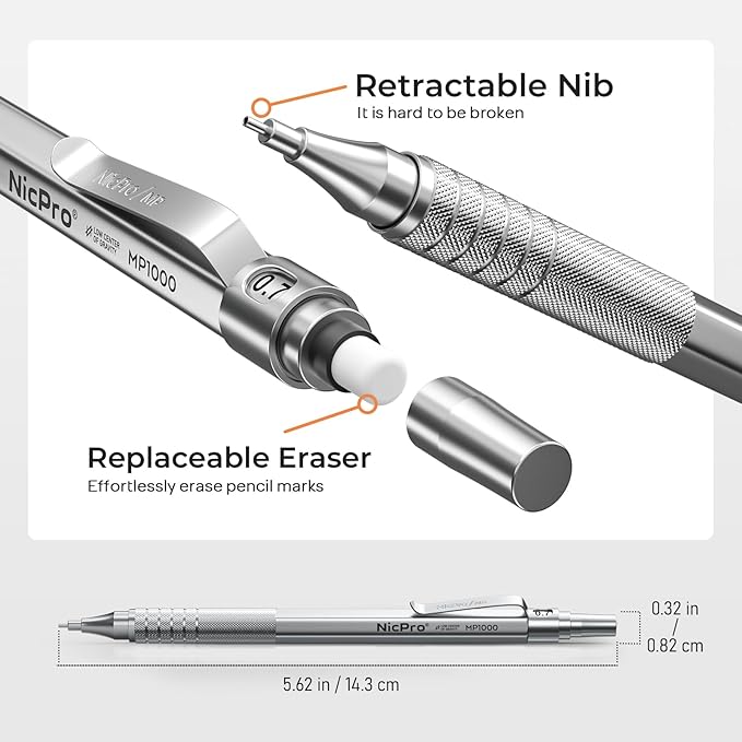 Nicpro 35PCS Silver Metal Mechanical Pencils Set in Case, Art Drafting Pencil 0.5, 0.7, 0.9 mm & 3PCS 2mm Graphite Lead Holder for Drawing Sketching With 20 Tube Lead Refills(6B 4B 2B HB 2H 4H Colors)
