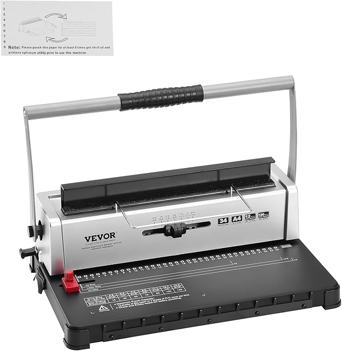 VEVOR Coil Binding Machine, Manual Book Maker 34-Holes Binding 120 Sheets, Punch Binder with Adjustable Side Margin, for Letter Size, A4, A5