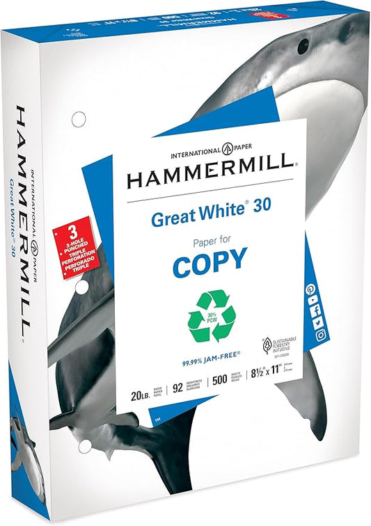 Hammermill Printer Paper, Great White 30% Recycled Paper, 3 Hole - 1 Ream (500 Sheets) - 92 Bright, Made in the USA, 086702