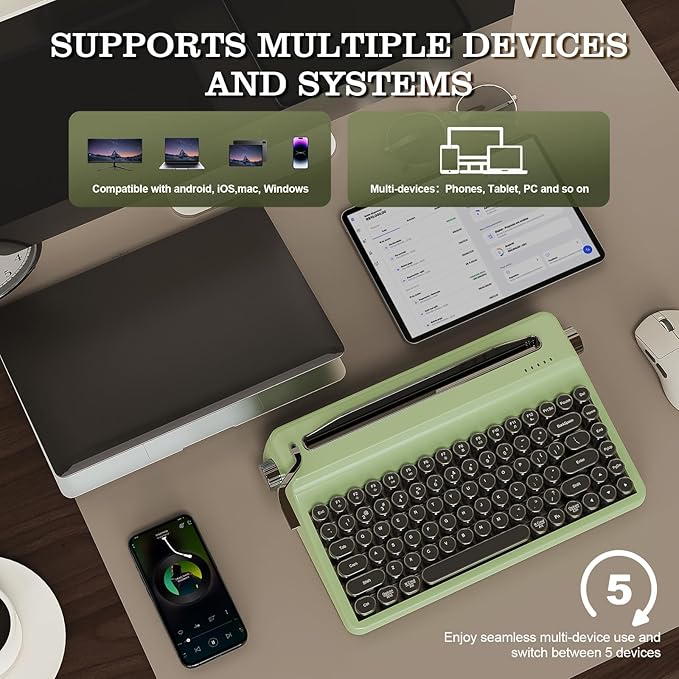YUNZII QL75 Wireless Typewriter Hot Swap Retro Mechanical Keyboard,Punk Round Keycaps,RGB Backlit QMK/VIA Programmable,Multi-Device Keyboard with 2.4GHz/Type-C/BT5.0 (Green, Onyx Switch)