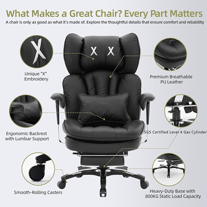 Efomao Big and Tall Office Chair with Footrest – High Back Computer Chair with Adjustable Armrests,Executive Office Chair with Wide Seat, Modern Desk Chair for Home Office, Gaming, or Study, Black