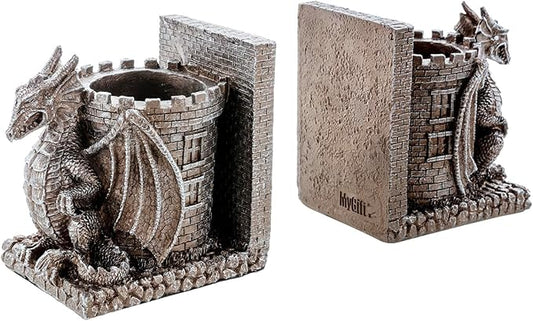 MyGift Gothic Brown Resin Dragon Guarding Castle Pencil Cup Bookends, Office Desk Book Ends with Decorative Fantasy Dragons and Stone Tower Pen Holders, 1 Pair