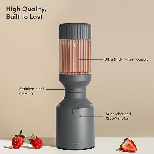 Beast Mega 1200 | Premium Countertop Blender | Smoothies, Shakes, Sauces, Dips, Soups | Blends Ice and Frozen Fruit | Includes Extra Lids and Straw System | 1200W | (Charcoal, 120V)