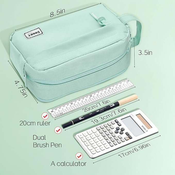 Sooez Original High Capacity Pencil Case, Big Pencil Bag Pouch Box Organizer Pen Case, Portable Journaling Supplies with Easy Grip Handle & Loop, Aesthetic Supply for Girls Adults, Mint Green