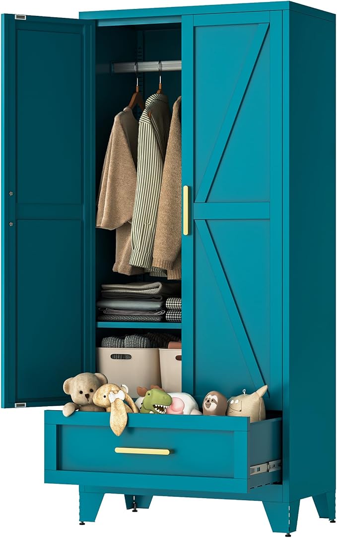 71" Tall Metal Wardrobe Cabinet with Drawer and Hanging Rod, 2 Doors Armoire Wardrobe Closet with Shelf for Bedroom, Office, Laundry Room, Blue
