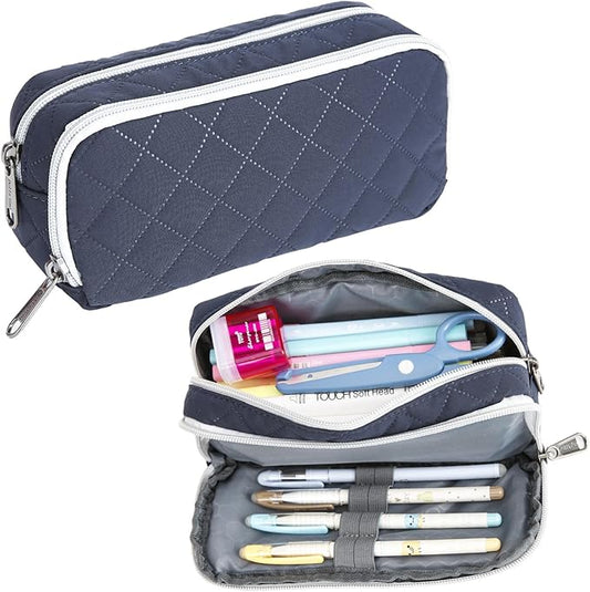 Della Gao Pencil Case Large Capacity Pencil Pouch Soft Quilted Pen Bag Office Stationery Organizer Sturdy Pencil Bag for Men Women - Dark Blue