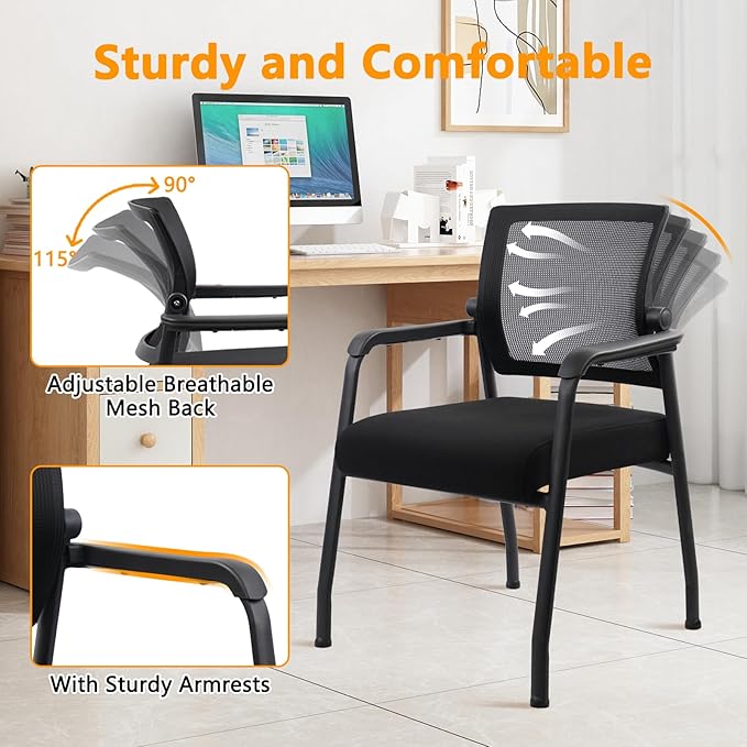 Desk Chair No Wheels with Adjustable Mesh Backrest, Arm Chair with Ergonomic Lumbar Support and Thickened Seats Cushion, Waiting Room Chairs for Office School Church Guest Reception, 4PACK