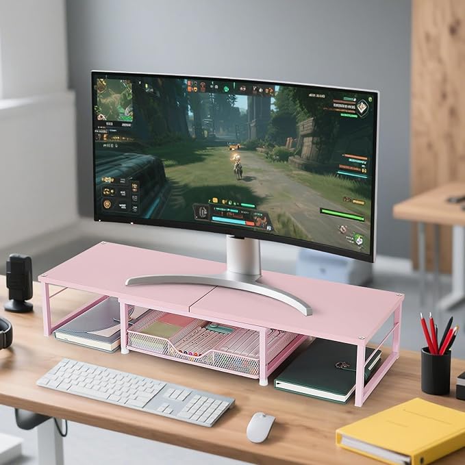 Dual Monitor Stand Riser, Desk Organizer with Drawer, Office Desk Organizers and Accessories, Office Workspace Organization Computer Monitor Stand for Laptop, Printer, TV(Pink)