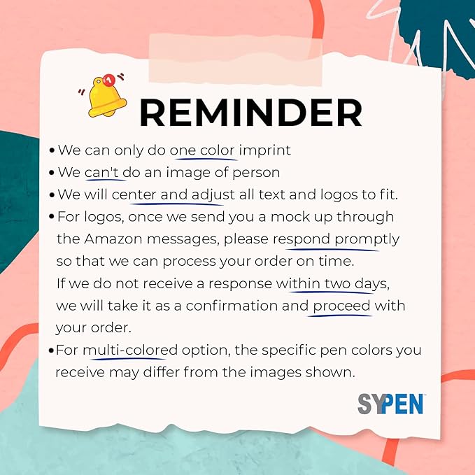 SyPen Personalized Pens With your Custom Logo or Text-500 Pack Bulk-for Businesses, Parties, and Events, Custom Printed Slim Ballpoint Click Pens, Assorted Barrel Colors, Black Ink