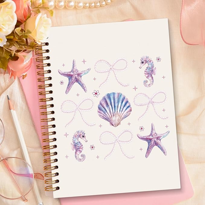 JXREQ Cute Purple Coquette Bow Seashell Notebook Coastal Journaling Notebooks for Women Note Taking, Trendy Preppy Journal for Women Teen Girls, Office School Supplies Spiral Notebooks 5.5x8.3