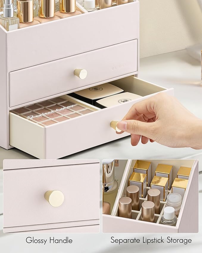 Vlando Makeup Organizer,Skincare Organizer for Vanity,PU Leather Make up Organizer with Drawers Cosmetic Display Case for Countertop,Perfume,Gifts Ideas for Women (Apricot White)
