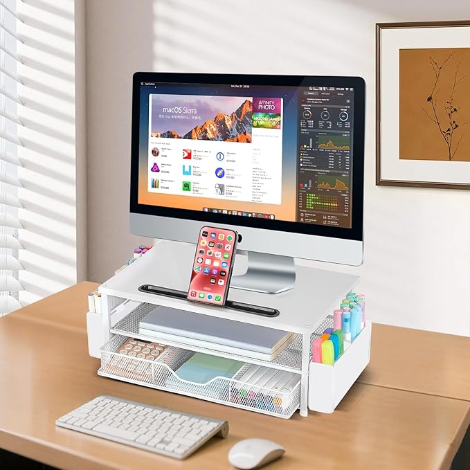 AUPSEN White Monitor Stand Riser, 2-Tier Wood Computer Desk Organizer with Drawer, Pen Storage & Phone Holder ,Office Desk Accessories Desktop Organizer for Office Supplies