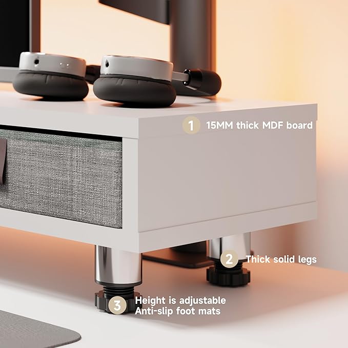 Fenge Dual Monitor Stand with 2 Drawers, 42.5 Inches Large Computer Riser for Desk, Adjustable Height Desk Shelf with Storage for Laptop, PC, TV, Printer