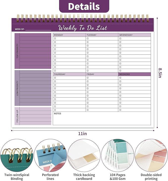 Weekly To Do List Notepad, 52 Undated Sheets (8.5"×11") Duplex-printed Weekly Planner Notepad For Work Home School Office Desk Accessories Supplies & Goal Setting Tasks - Purple